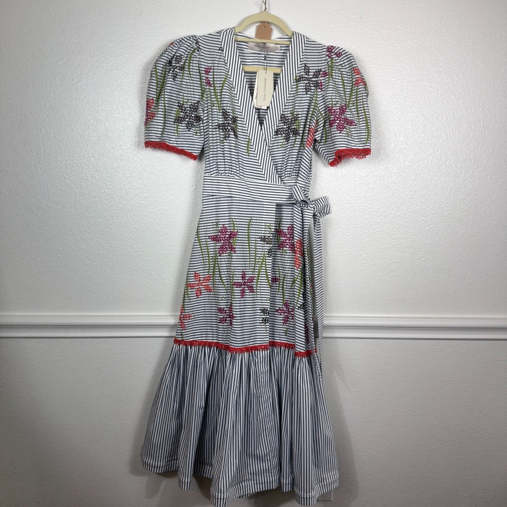 Silvia Tcherassi Maxi Dress Women Large Blue Stripe Embroidery Resort Luxury NWT